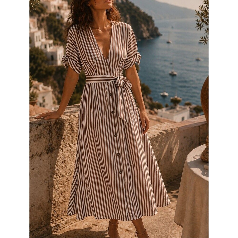 Faithfull The Brand Farrah Striped Midi Dress Tie Waist Size 8 Coastal Summer